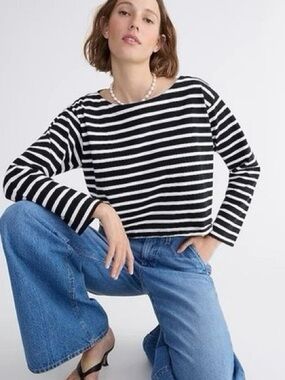 NWT JCrew Cropped Boatneck T-Shirt Mariner Black Stripe XXS Oversized $60 BX290